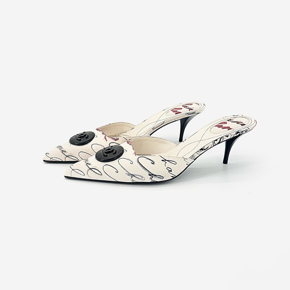 CHANEL Shoes - NEW Chanel 2006 Cruise Script Print CC Logo Pointed Toe Kitten Heel Mules 40